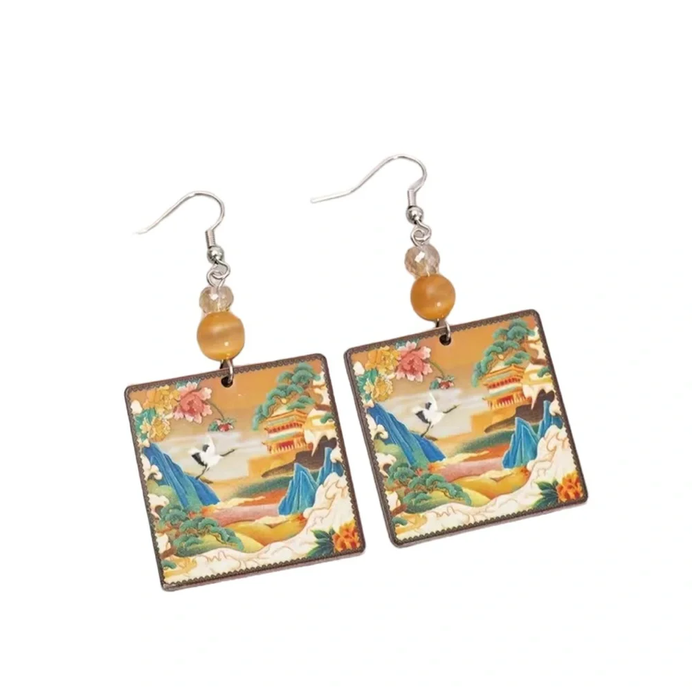 Colorful Crane Mountain Oriental Square Drop Earrings - Picture 5 of 6